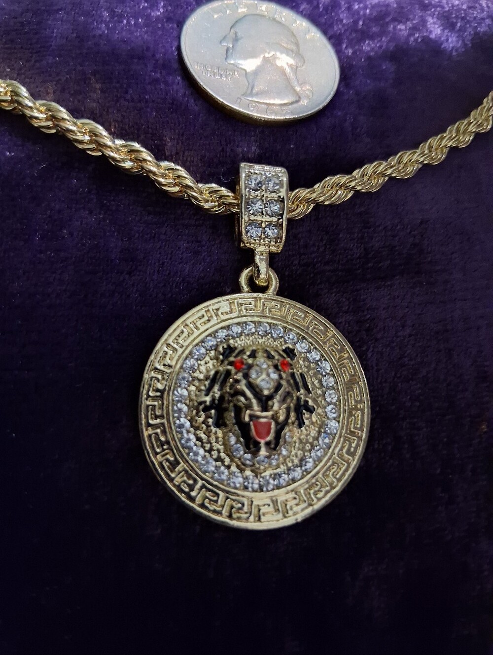 Gold Lion Medallion Pendant Necklace with Crystal Accents !
